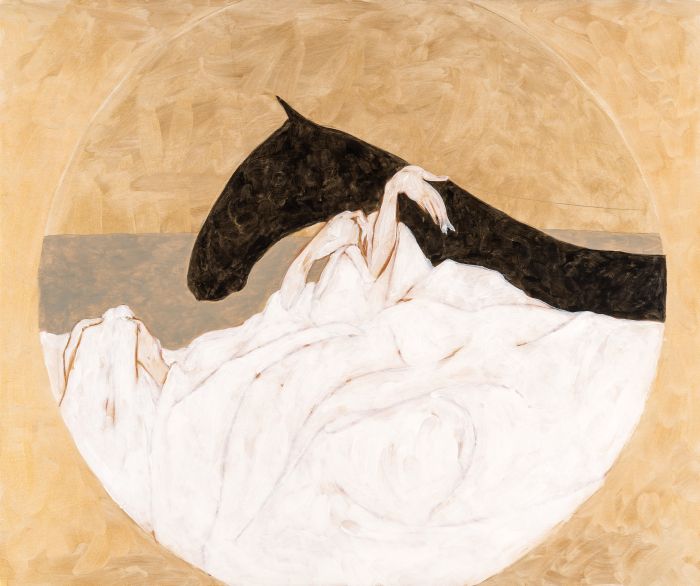 Click the image for a view of: Draping The Horse I. 2014. Acrylic on wood panel. 507X610X20mm